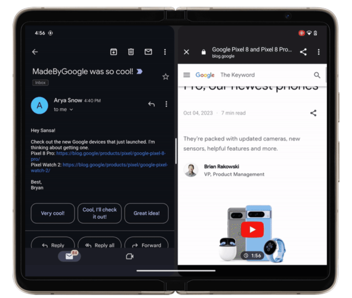 Gmail börjar öppna länkar i split screen på surfplattor och foldebles